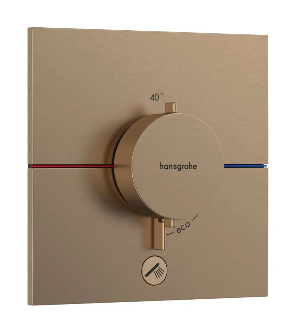 Thermostat von Hansgrohe in gebürstetem Bronze mit einem zentralen Drehknopf zur Temperaturregelung und Eco-Einstellung für eine Dusche.